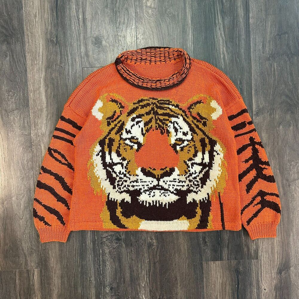 M/L Vtg 80s Knit Tiger Sweater Chunky Intarsia Striped Long Sleeves Roll Neck